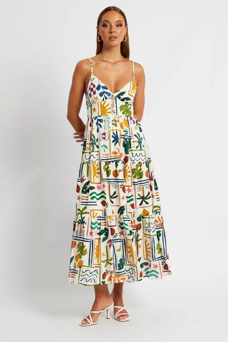 

Women's Summer Cami Dress Palm Leaves Print Sleeveless Spaghetti Strap V-Neck Long A-Line Dress