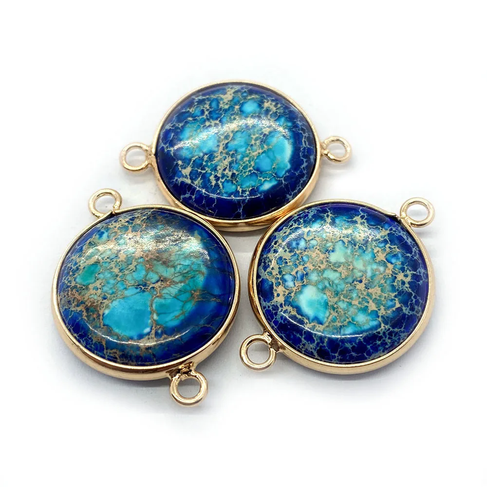 

Colorful Pattern Natural Emperor Stone Polished Smooth Round Electroplated Edge Double-Hole Pendant DIY Jewelry Accessories