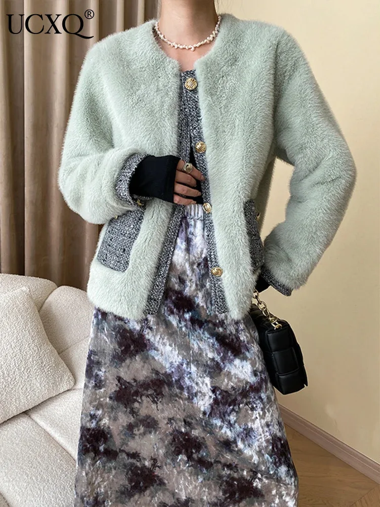 UCXQ Elegant Faux Fur Coat European Style Contrasting Color Tweed Splicing All-match Fashion Jacket Women 2024 Autumn Winter 130