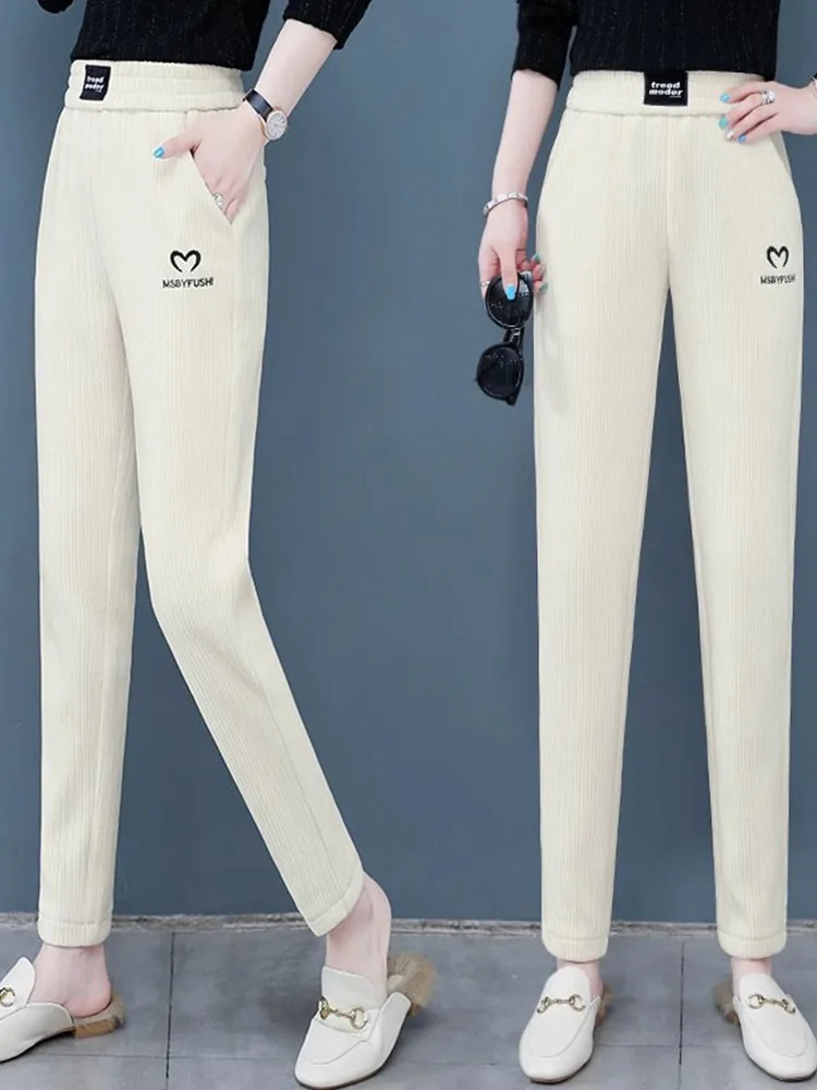 

Женские утепленные брюки Slim Fit на флисе, повседневные, осенне-весенние, новинка 2025 года, утягивающие брюки-харлан, белые брюки-морковки Mili