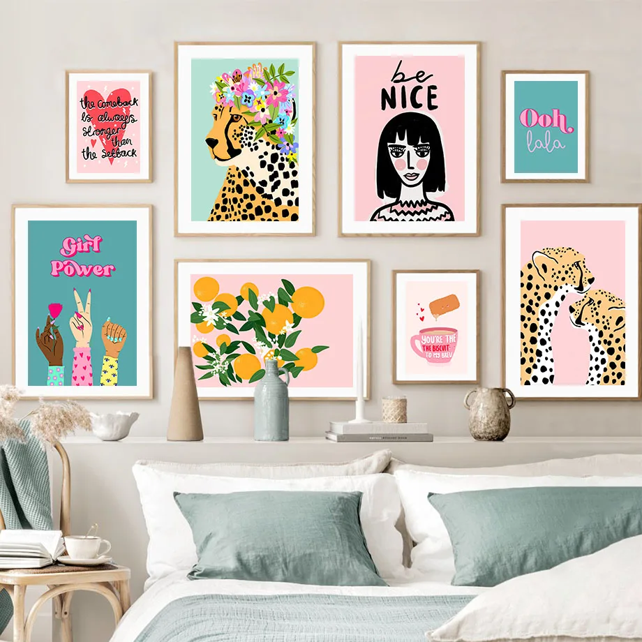 Girl Power Be Nice Wall Art Mural Floral Crown Cheetah Print Canvas Painting Feminism Nordic Poster Pictures Living Room Decor