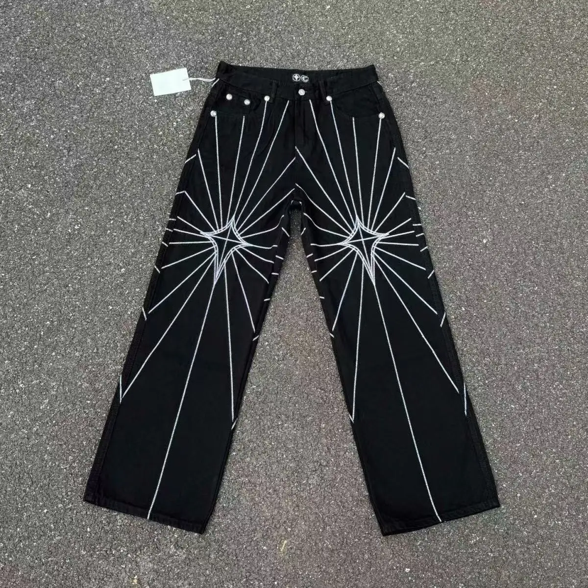 

Reflective Stitching Spider Web Embroidery Loose Straight Leg Jeans Men's Casual Wear Machine Washable Wear Resistant