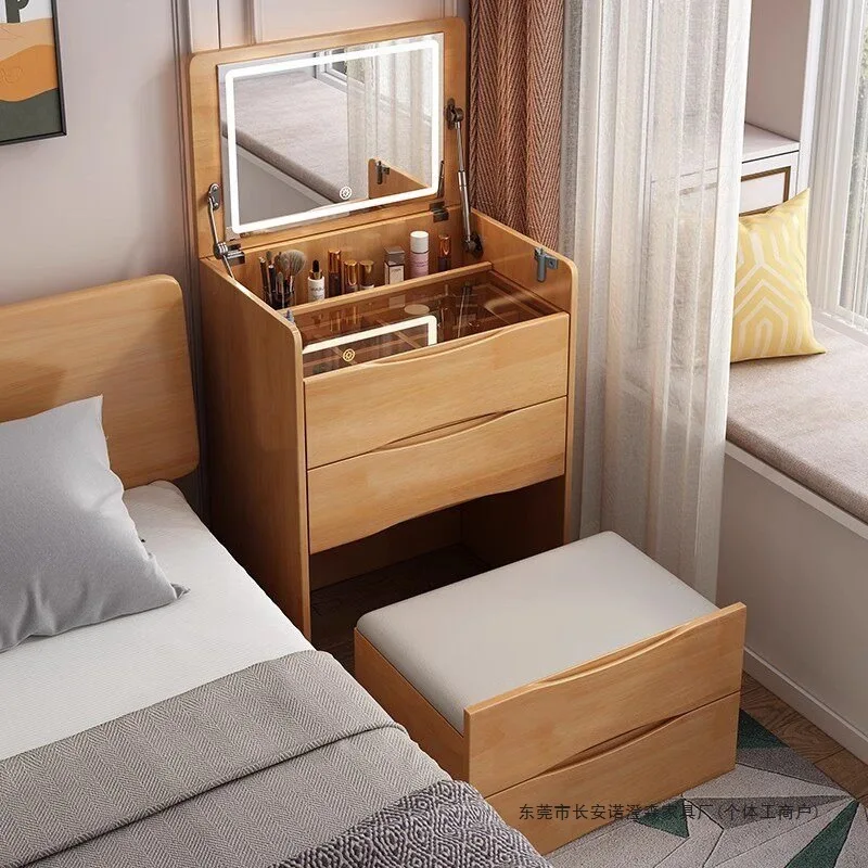 Solid wood dresser chest integrated folding mirror Nordic bedroom storage cabinet small bedside makeup table with makeup stool