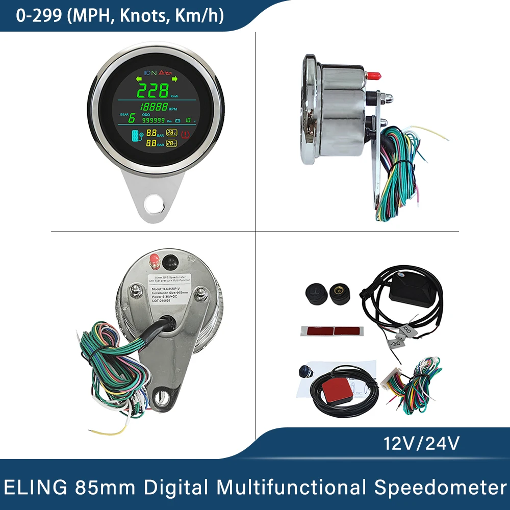 ELING 85mm GPS Speedometer Odometer with Tire Pressure Temperature Alarm Tachometer Fuel Level Gauge Volt 9-32V for Motorcycle