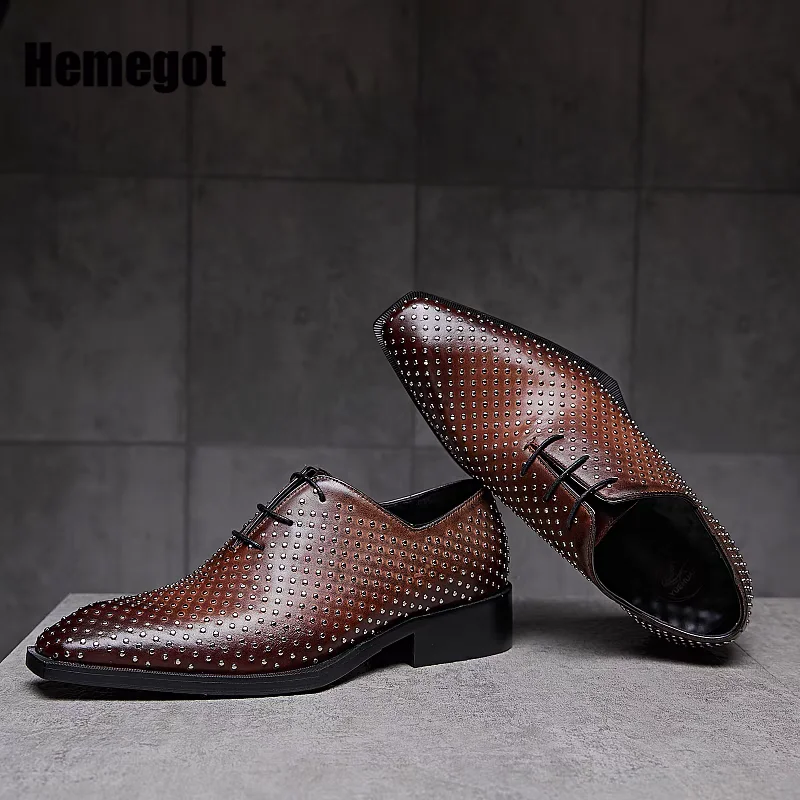 Riveted Oxford Shoes Vintage Men's Shoes Brown Cowhide Leather Metal Trend Business Dress Shoes Men's Shoes Party Men's Shoes