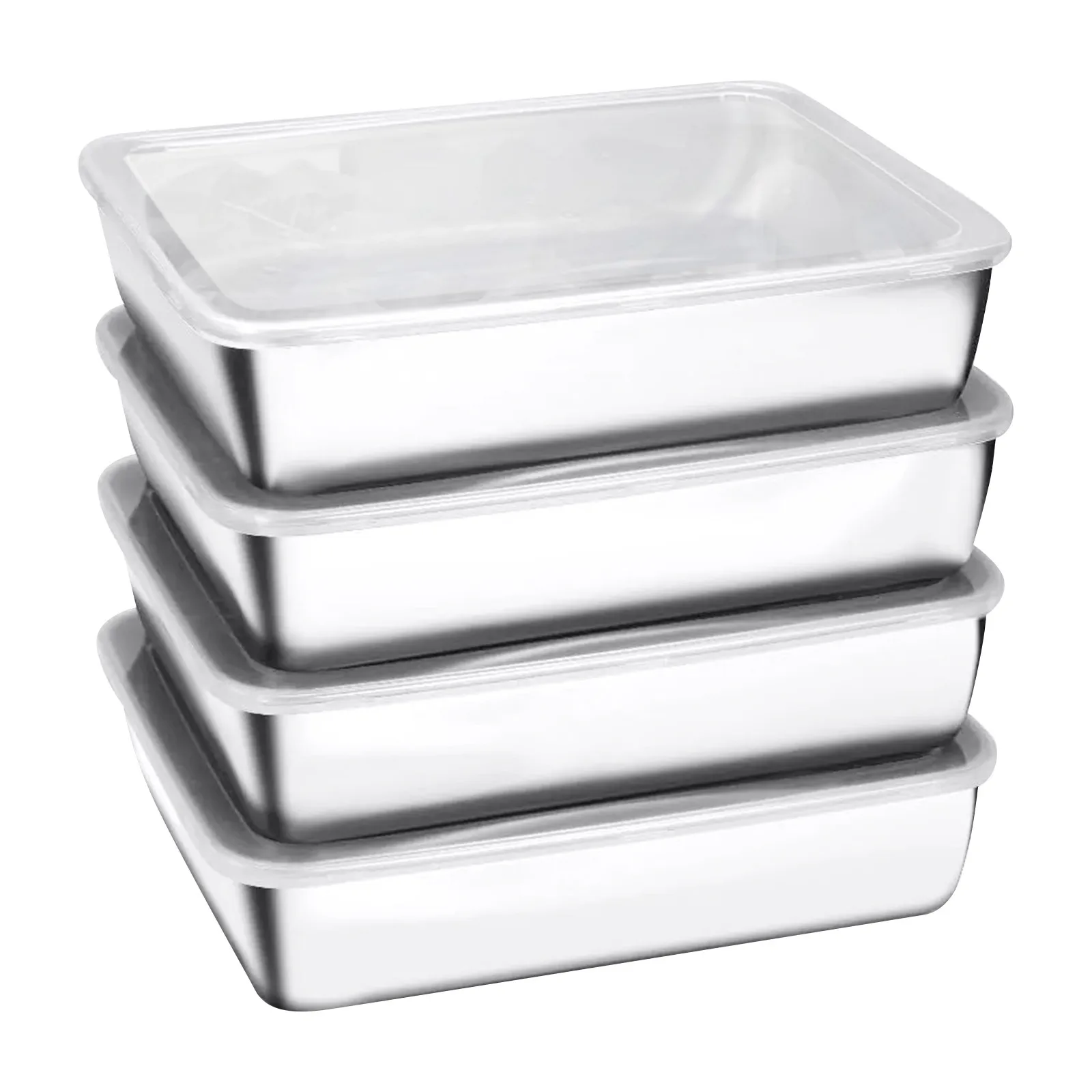 

4PCS Stainless Steel Food Storage Container Rectangle Dish with Cover Fruit Tray Lunch Box Thick Refrigerator Organizer Plate