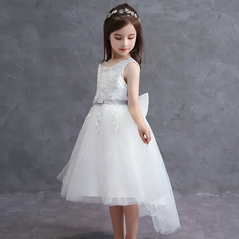 Vestido de novia blanco para niños, falda de princesa, ropa para niños, vintage, sin mangas, cintura alta, esponjoso, Primavera, 2022