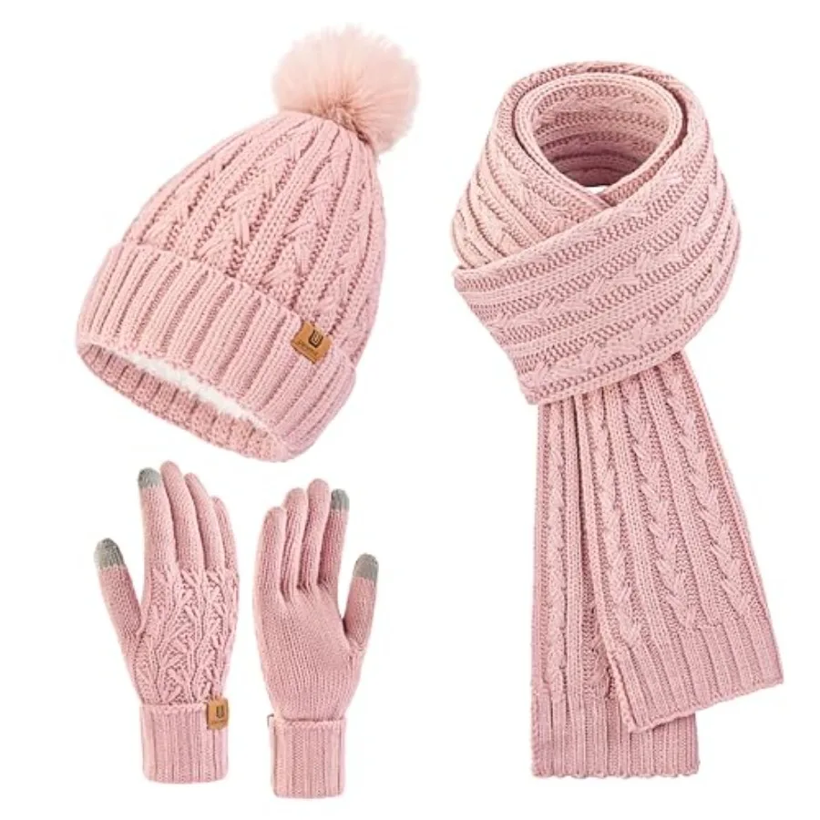 

Uerymit Womens Winter Warm Beanie Hat Long Scarf Touchscreen Gloves Set with Fleece Lined Skull Pom Caps 3 in 1 Set for Gift