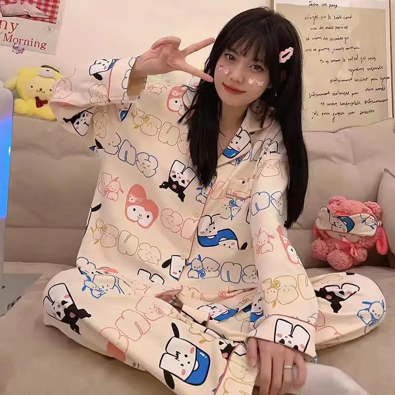 

Kawaii Anime Kuromi Cartoon Women Pajama Cute girl New Style Home Clothing Long Sleeve Cardigan Korean Style Teen Pajama Sets