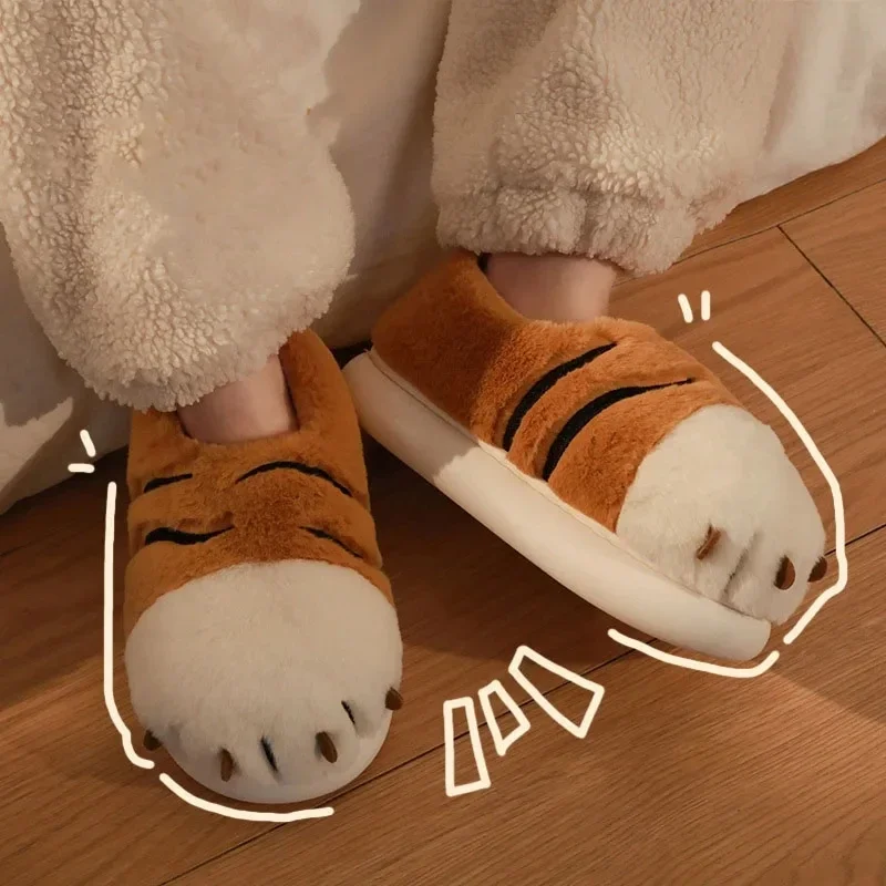 Cute Funny Tiger Paw Plush Slippers Winter Warm Fluffy Fur Women Slippers Flat Non-Slip Fuzzy Slippers Kawaii Animals Pantuflas