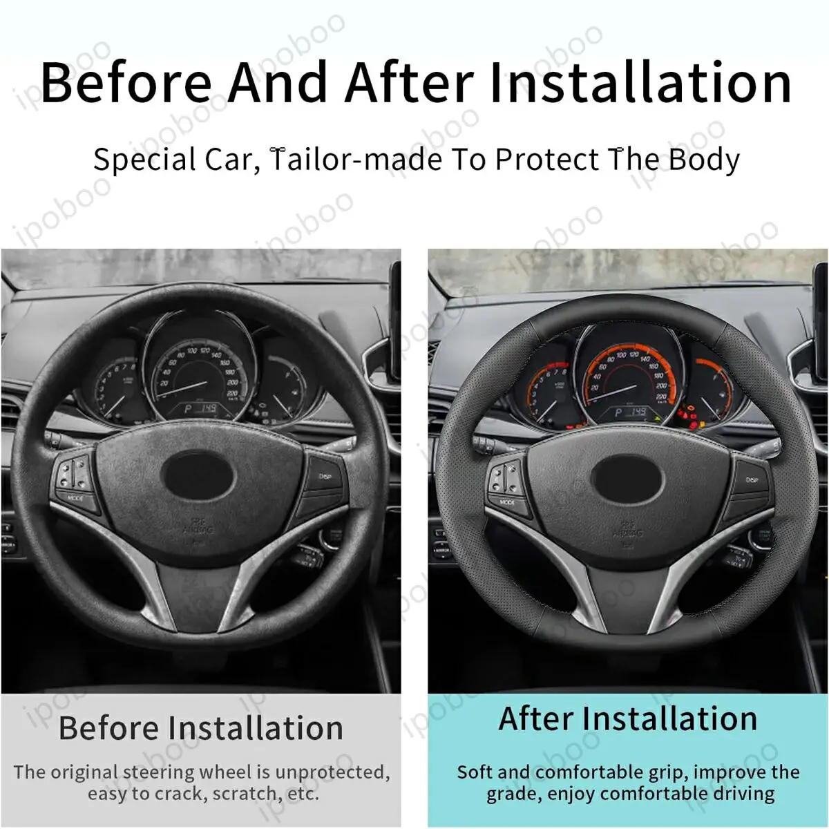 For Toyota Yaris 2012 2015 2017 Aygo 2015 2019 Yaris Trend Hybrid 2013 Verso-S 2012 HandStitch Steering Wheel Cover view 4