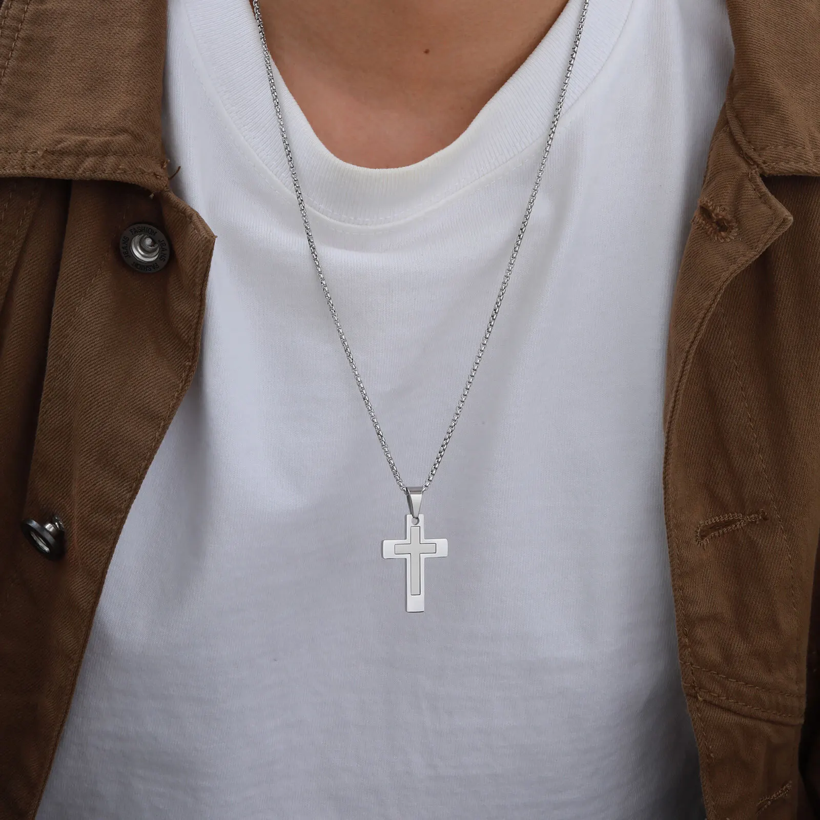 Halsketten mit Kreuz-Anhänger für Männer und Jungen, wasserdichte Halskette aus Edelstahl, christlicher religiöser Glaube, Gebetsschmuck, Geschenk – Detail 2