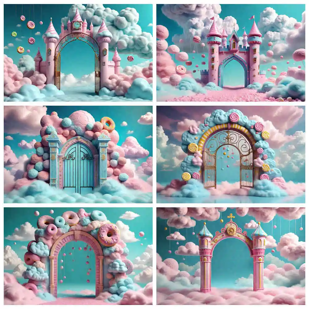 

MOON.QG Candyland Arch Castle First Birthday Backdrop Baby Shower Clouds Candy Floss Background Sign Princess Photography Props