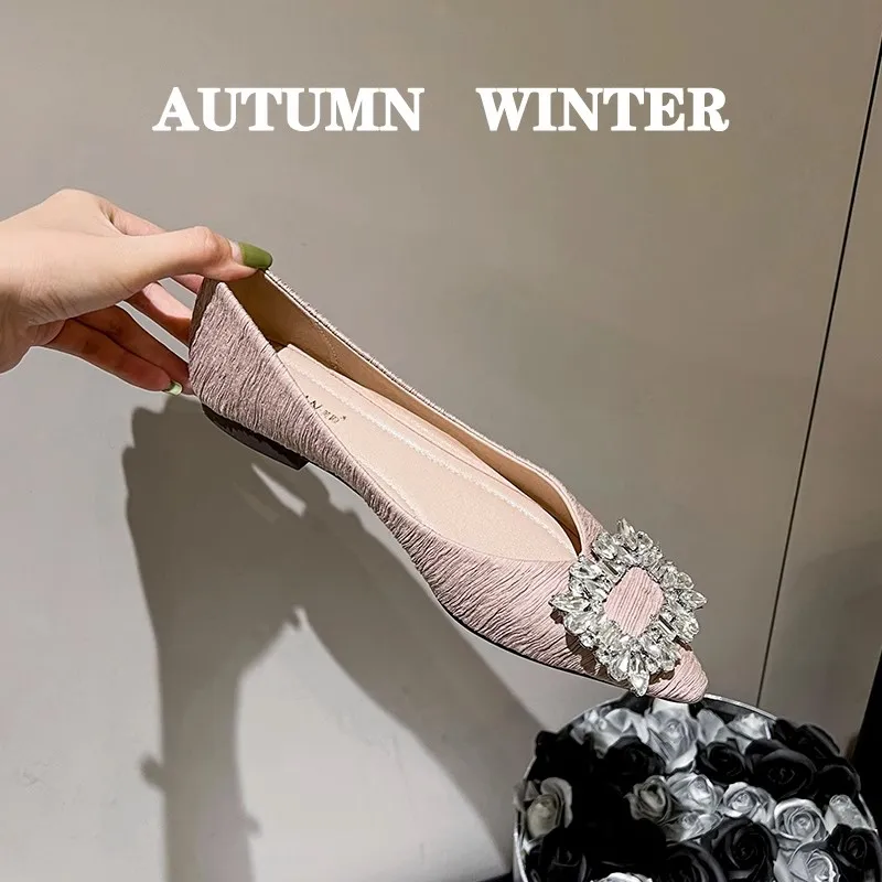 2025 Spring and Autumn New Fashion French Pointed Shallow Mouth Flat Shoes Water Diamond Black Women's Casual Shoes view 2