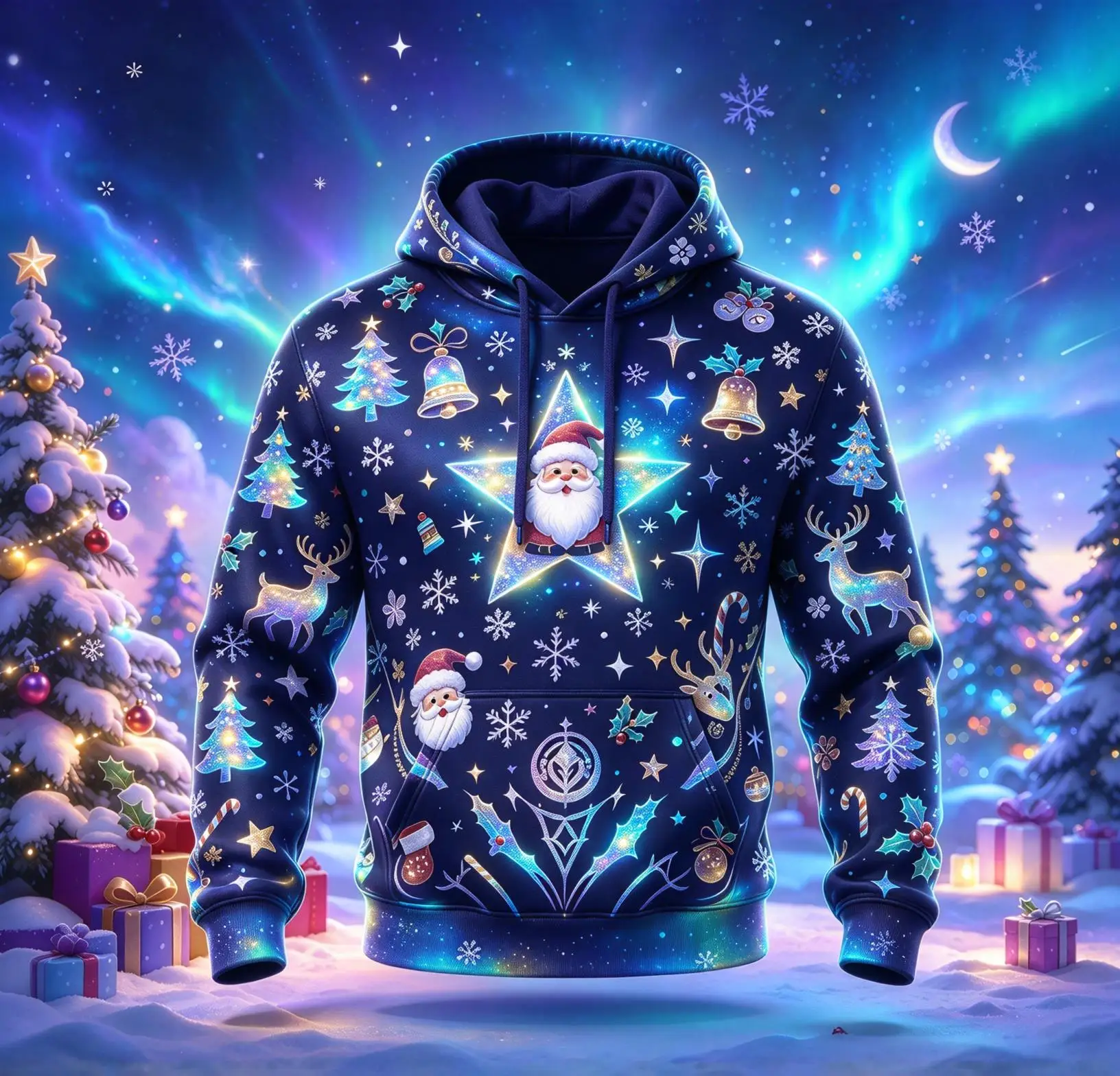 Mens Xmas Colorful Cosmic Hooded Sweatshirt, Candy Cane Star Gift Box Graphic Hoodie