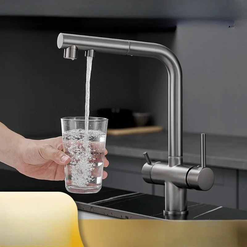 

Home Kitchen Pull-out Hot and Cold Water Faucet, Rotating Vegetable Basin Sink, Splash Proof Water Faucet Gun, Gray