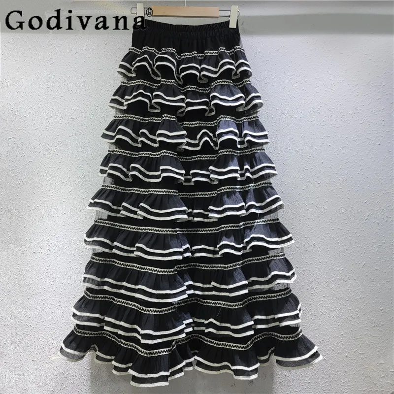 Jupe gâteau français en gaze de couleurs contrastées, douce, mode, taille haute, ligne a, polyvalente, ample, rayée, longue, printemps été