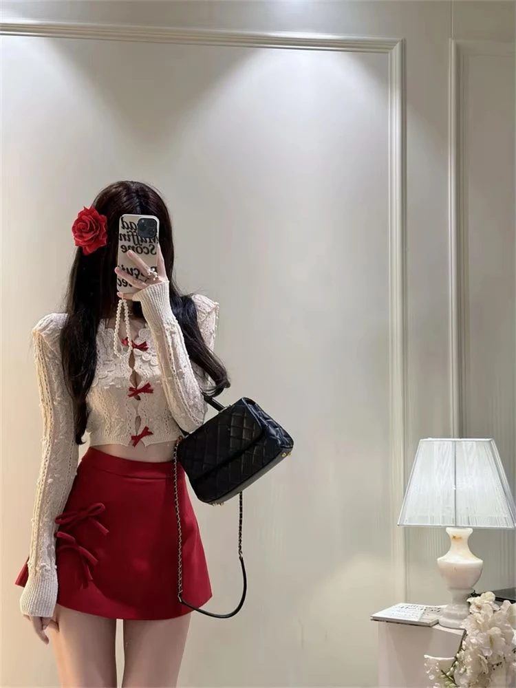 

Summer Korean Style Sexy Hot Girl Designed High-end Niche Hollow Bow Top + Pure Desire Slimming Skirt Two Pieces Suit for Women
