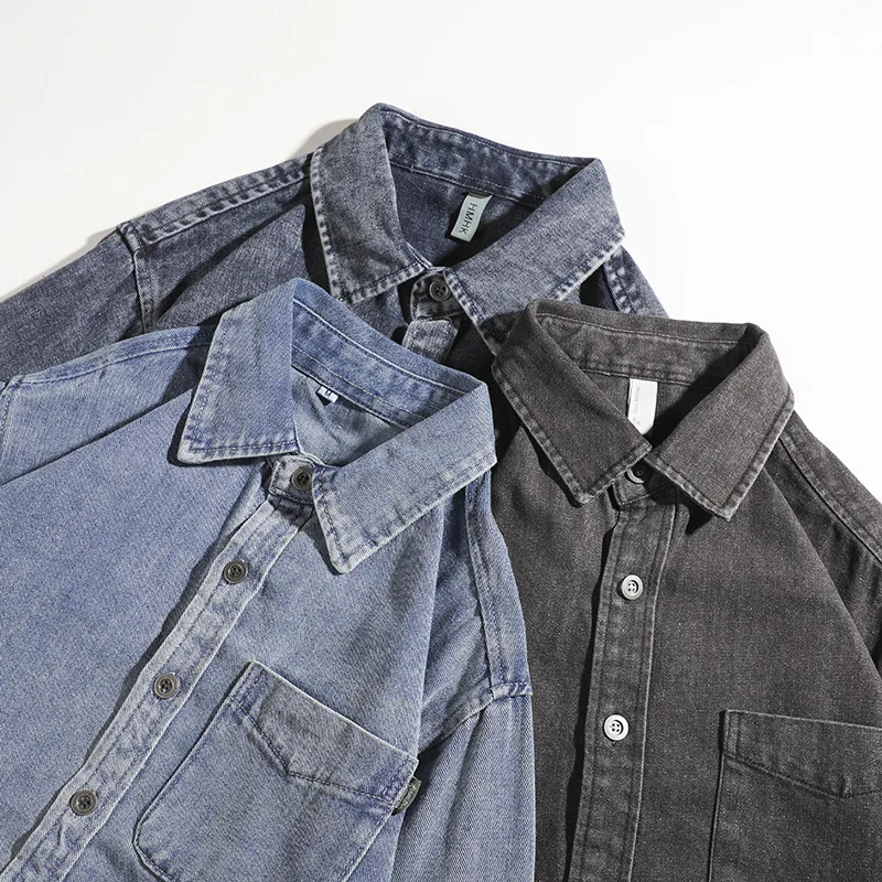 

Американский стиль, стираная голубая рубашка с длинным рукавом, мужская весенне-осенняя модная свободная повседневная рабочая одежда, пальто