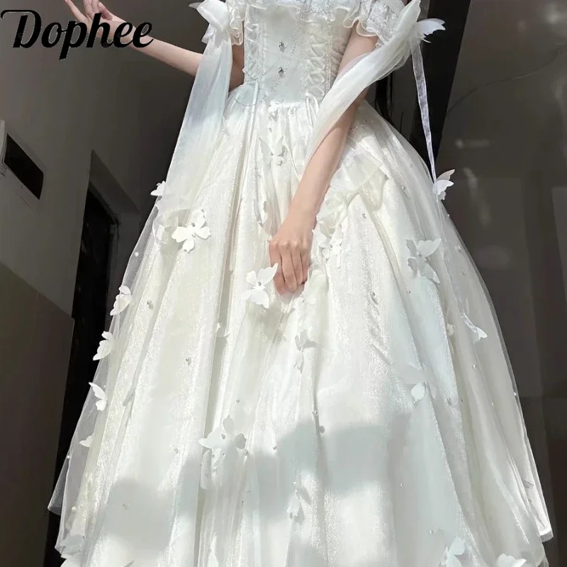 

Dophee Original Lolita Goddess Fairy Dress New Spring Summer Beads 3d Butterfly White Long Dress Beach Vacation Elegant Dress