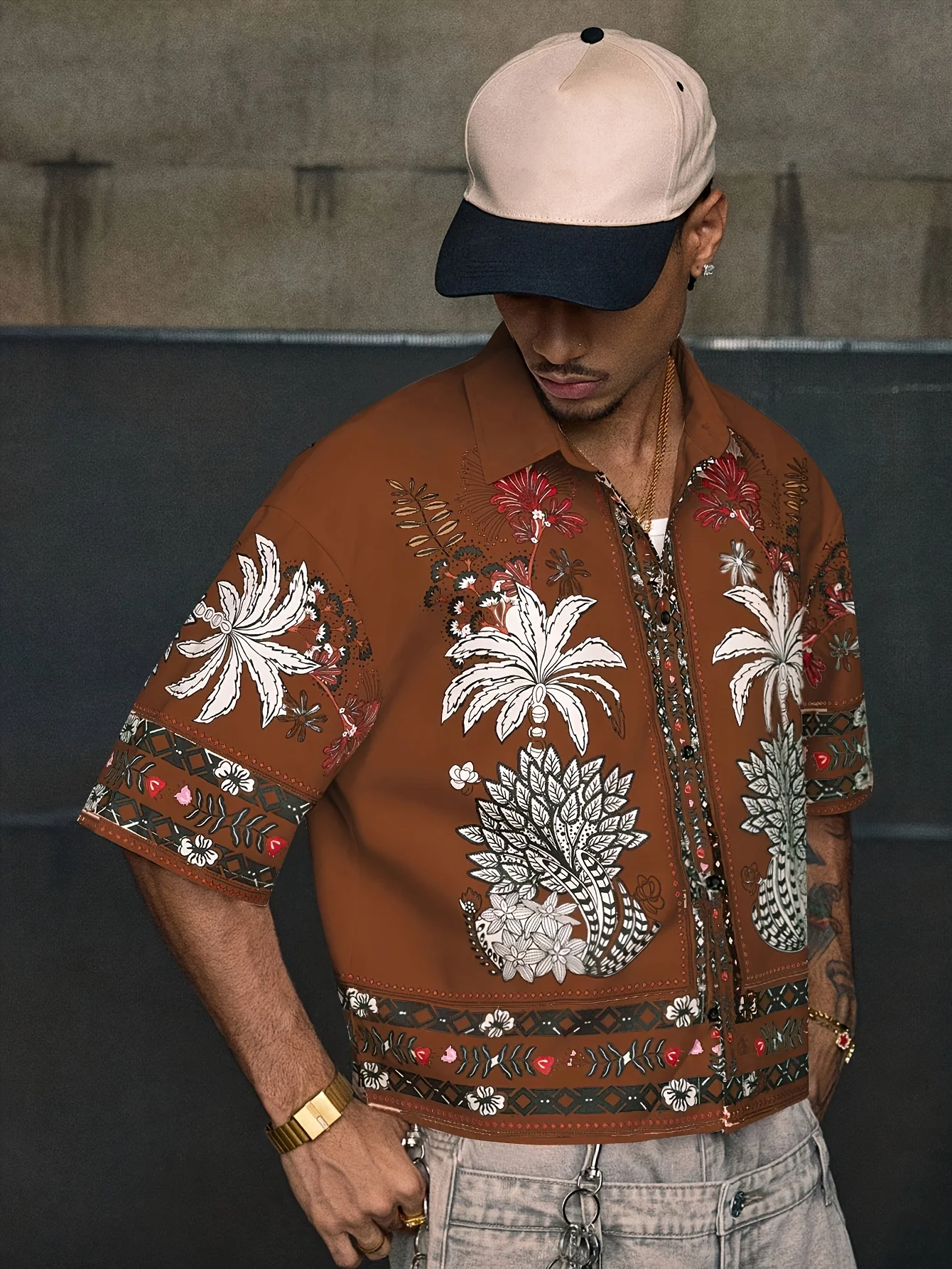 Men's Cropped Short Sleeve Button Down Shirts, Vintage Tropical Palm Tree Floral Print Lapel Collar Casual Loose Cropped Beach