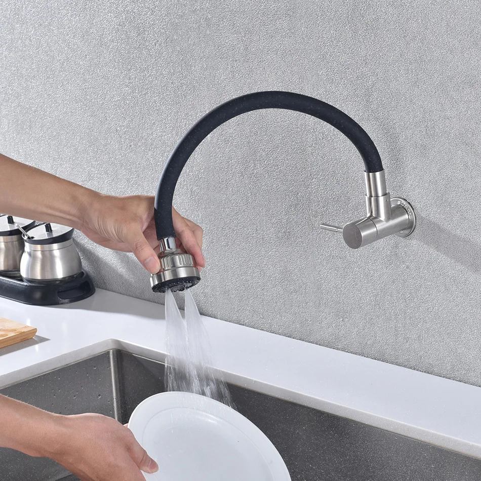 Wall Mounted Kitchen Sink Faucet Sprayer 304 Stainless Steel Universal Rotating Silicone Tube Single Cold Water Faucet Mixer Tap