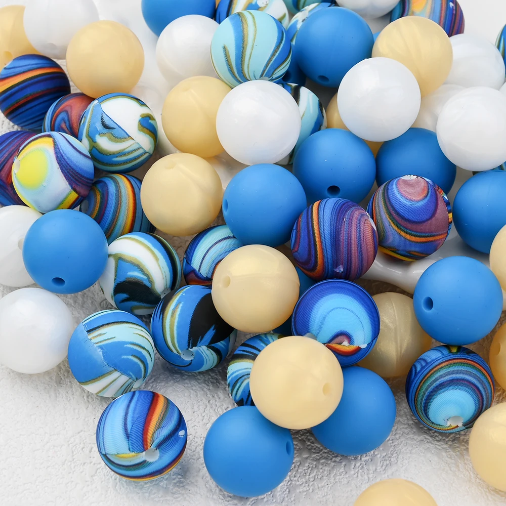 40Pcs Silicone print Round Beads Set Soft PBA Free Edible Grade Beads For Jewelry Necklace Making DIY Pacifier Chain Clips
