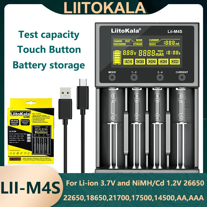 Liitokala Lii-M4S 18650 Battery Charger,3.7V 1.2V 18350 14500 18500 17500 21700 26650 1.2V AA AAA NiMH/CD  LCD Charger