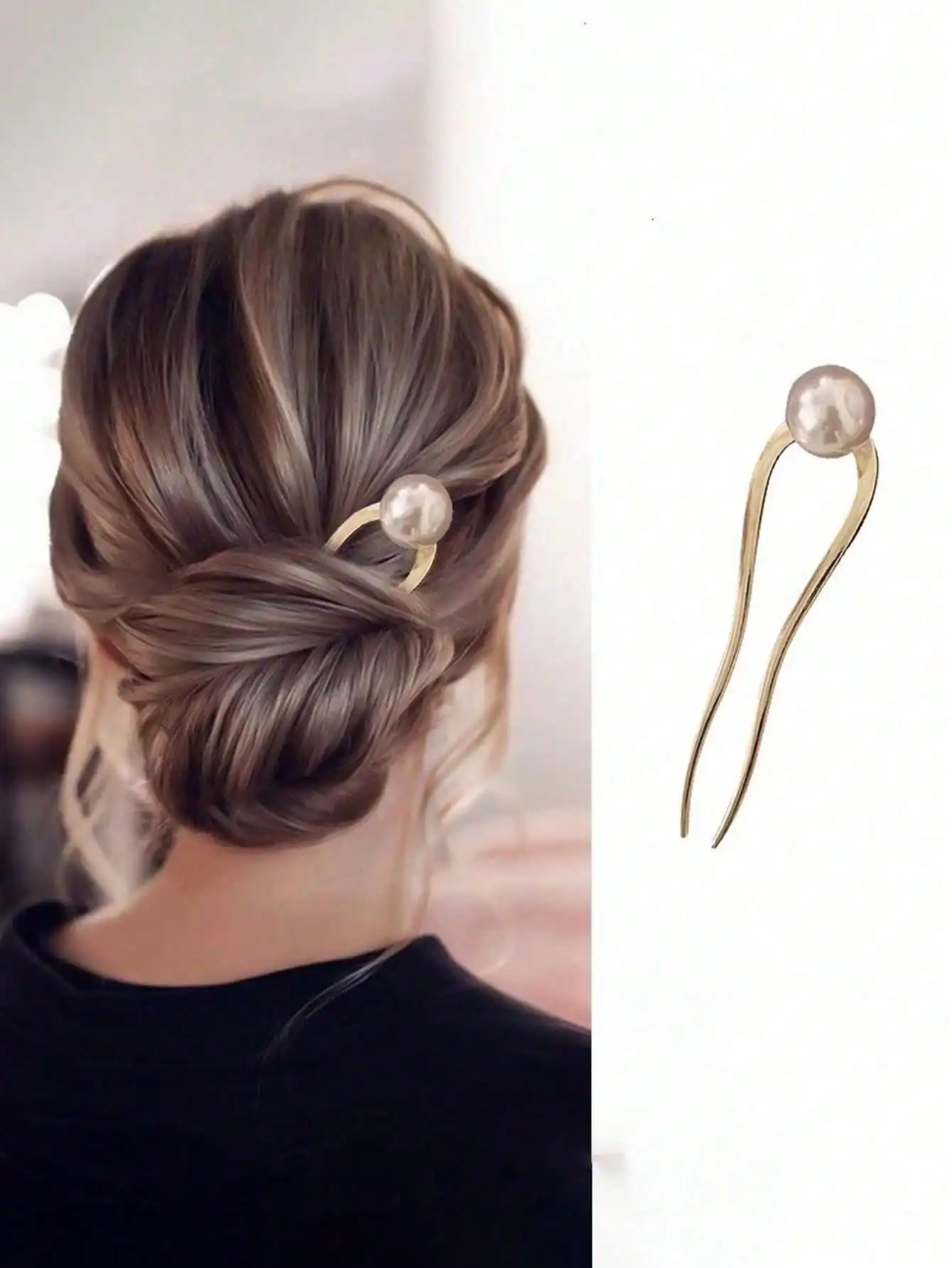 

Gold-Tone U-Shaped Hair Pin with Faux Pearl Accent for Elegant Updos