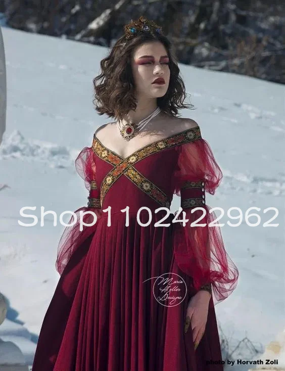 Burgundy Fairy Long Sleeve Renaissance Prom Dresses Full length Medieval Cosplay Halloween Costume Evening Dress customsized