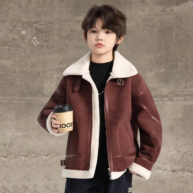 Kids Velvet Warm Fleece Jacket Korean Style Baby Boys Girls Suede Coat Zipper Closure Winter Outwear Fashionable Thickened