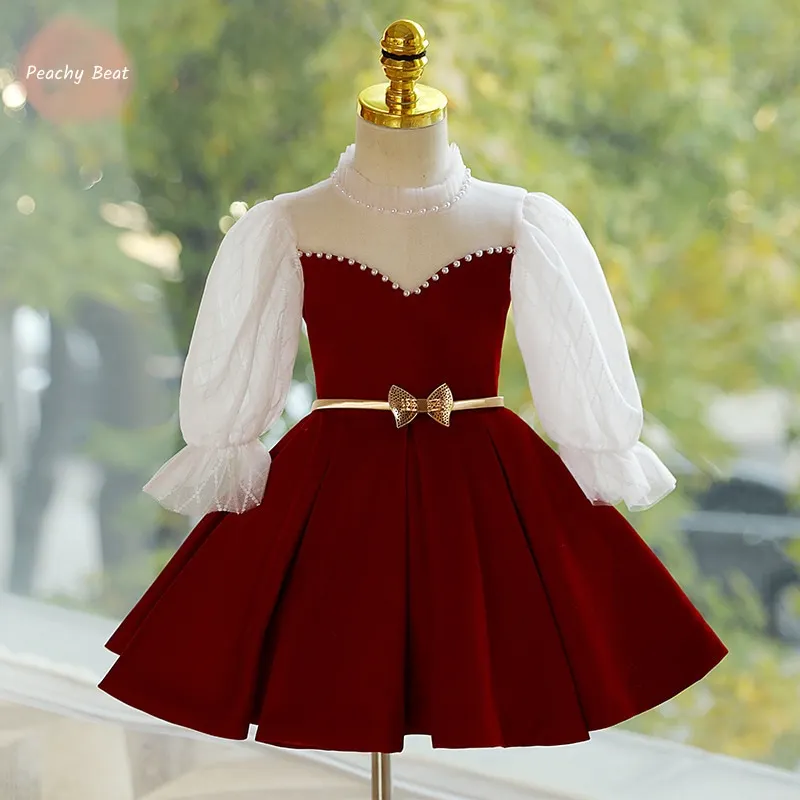 Niemowlę dziewczynka księżniczka złoty aksamit perłowa sukienka bufiasty rękaw niemowlę maluch dziecko kokarda pas Vestido świąteczne ubrania dla dzieci 1-12Y