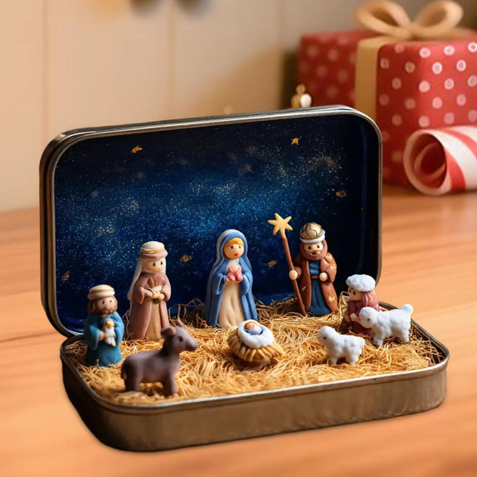 Christmas Nativity Scene Figures,Box Collection Sculpture Desktop Decorations Jesus Birth Decoration for Home Decor Holiday Desk