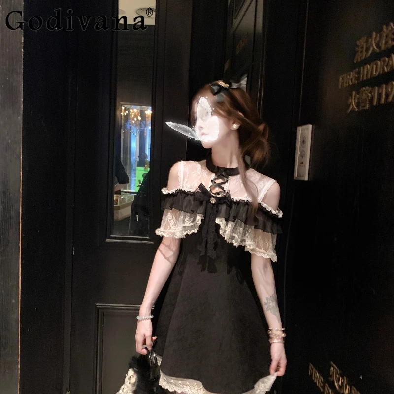 Vestido estilo lolita de renda preta transparente para mulheres verão estilo japonês vestido doce feminino cintura alta vestido curto de princesa