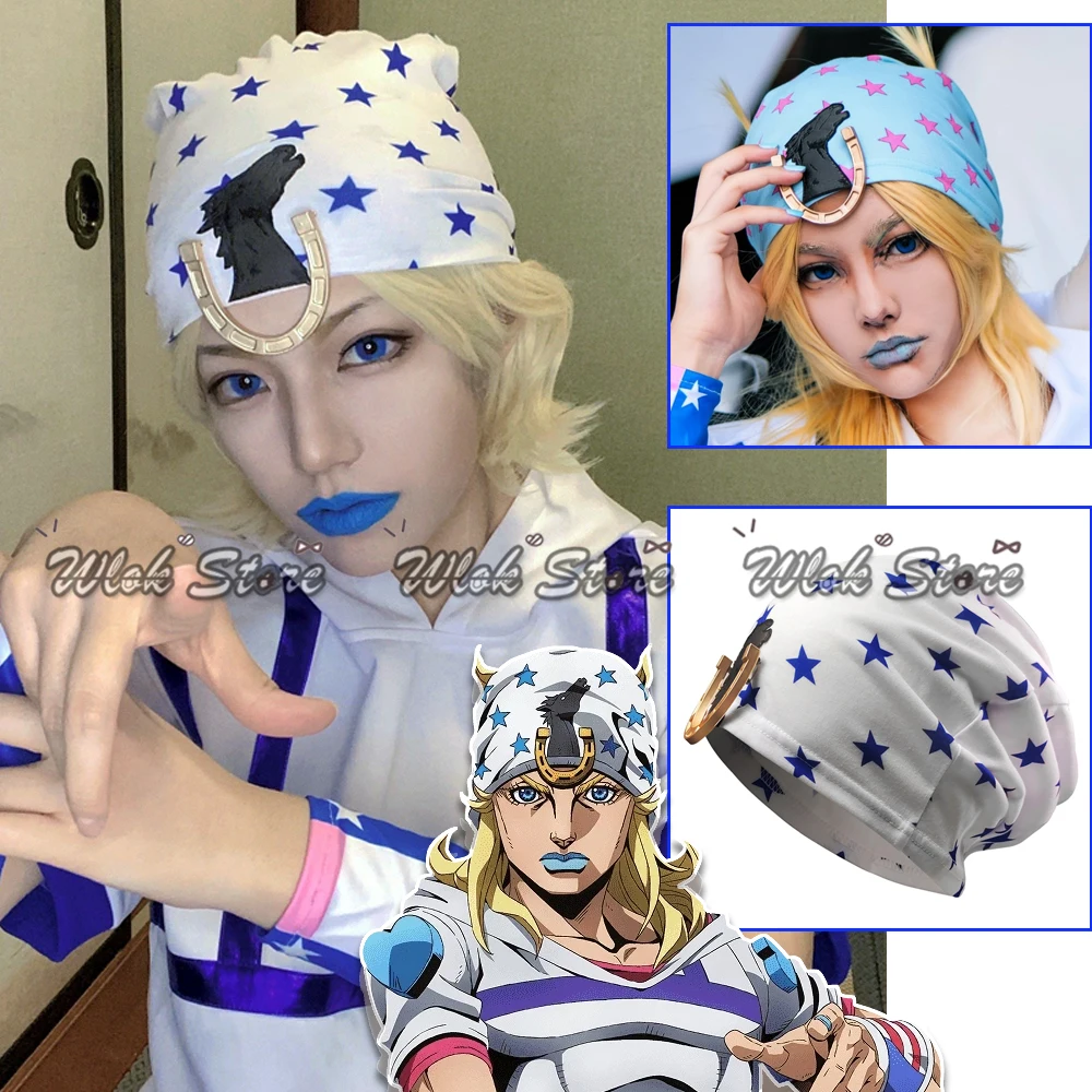Anime Johnny Joestar Cosplay Star Print Turban Hat With Horseshoe Badge JOJO Cosplay Costume Accessory For Men Halloween Party