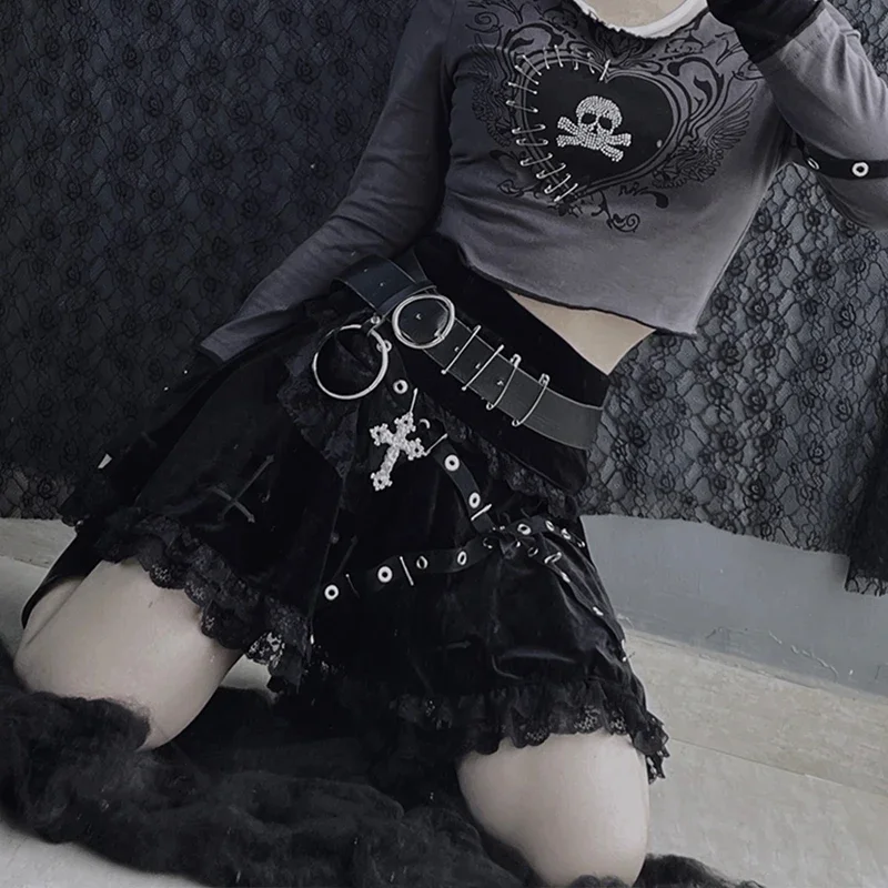 Gothic Harajuku Punk Black High Waist A-line Skirt for Girl, Cross Embroidered Lace Skirt, Sweet Cool, Gothic, Y2K