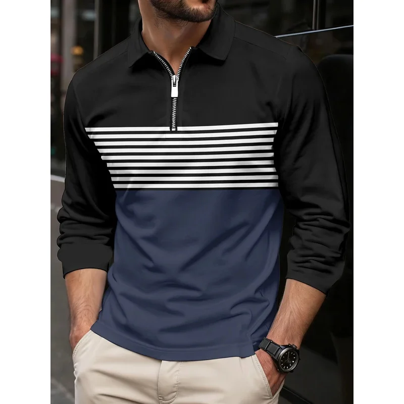 Men's horizontal striped Polo shirt, long sleeves, sporty and casual, daily-use, printed, breathable buttons, top, autumn and wi