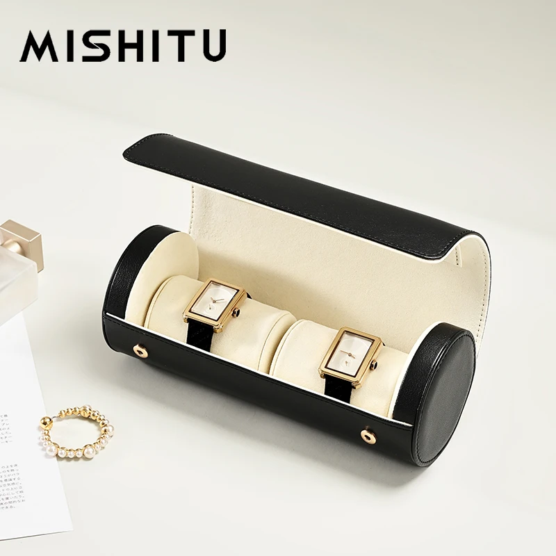 MISHITU Dual Watch Case PU Leather Watch Roll 2 Slots Storage Box Multi-functional Jewelry Wristwatch Portable Watch Organizer