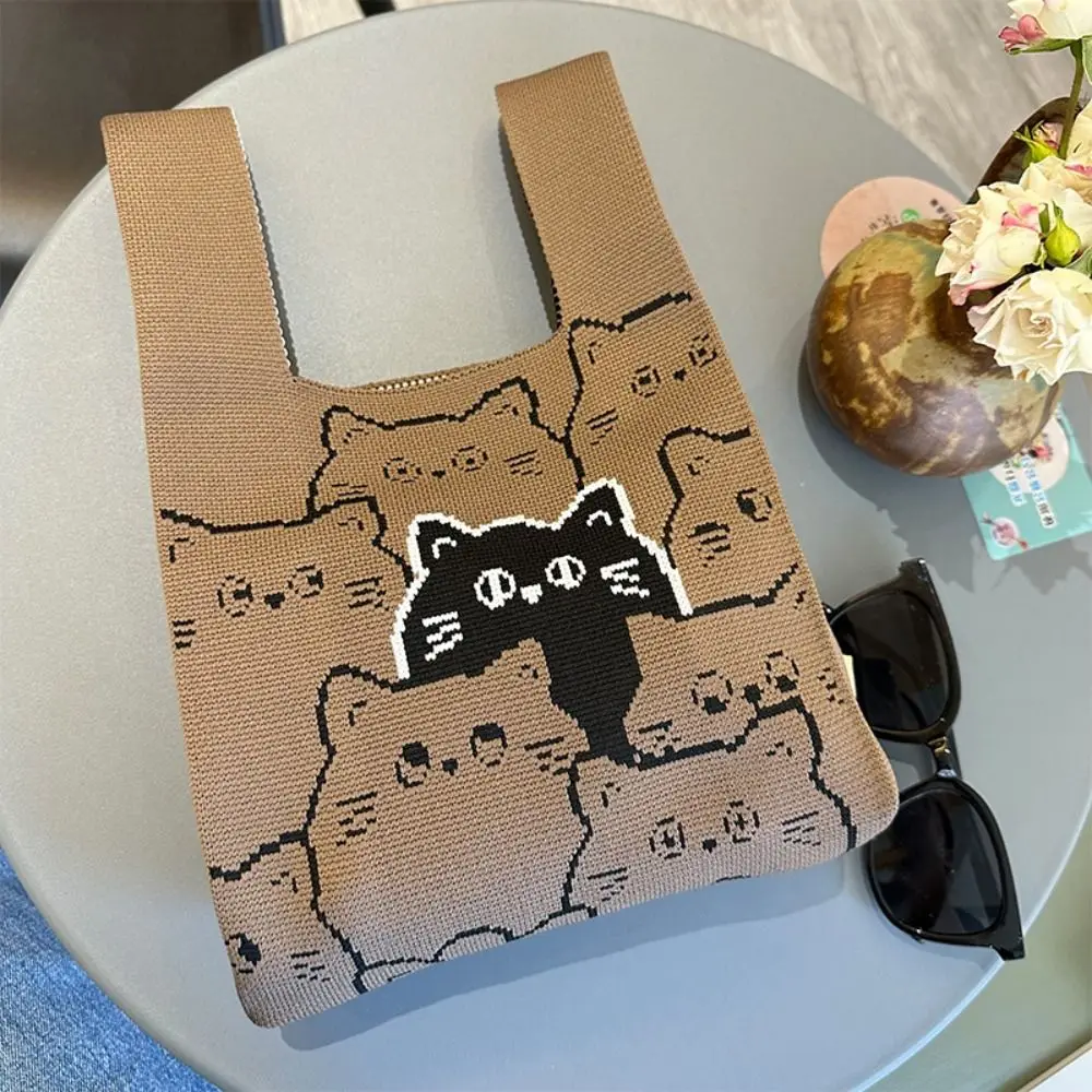 Cat Knitted Wrist Bag Women Bag Casual Shoulder Tote Bag Female Reusable Shopping Bags Woven Handbag Simple