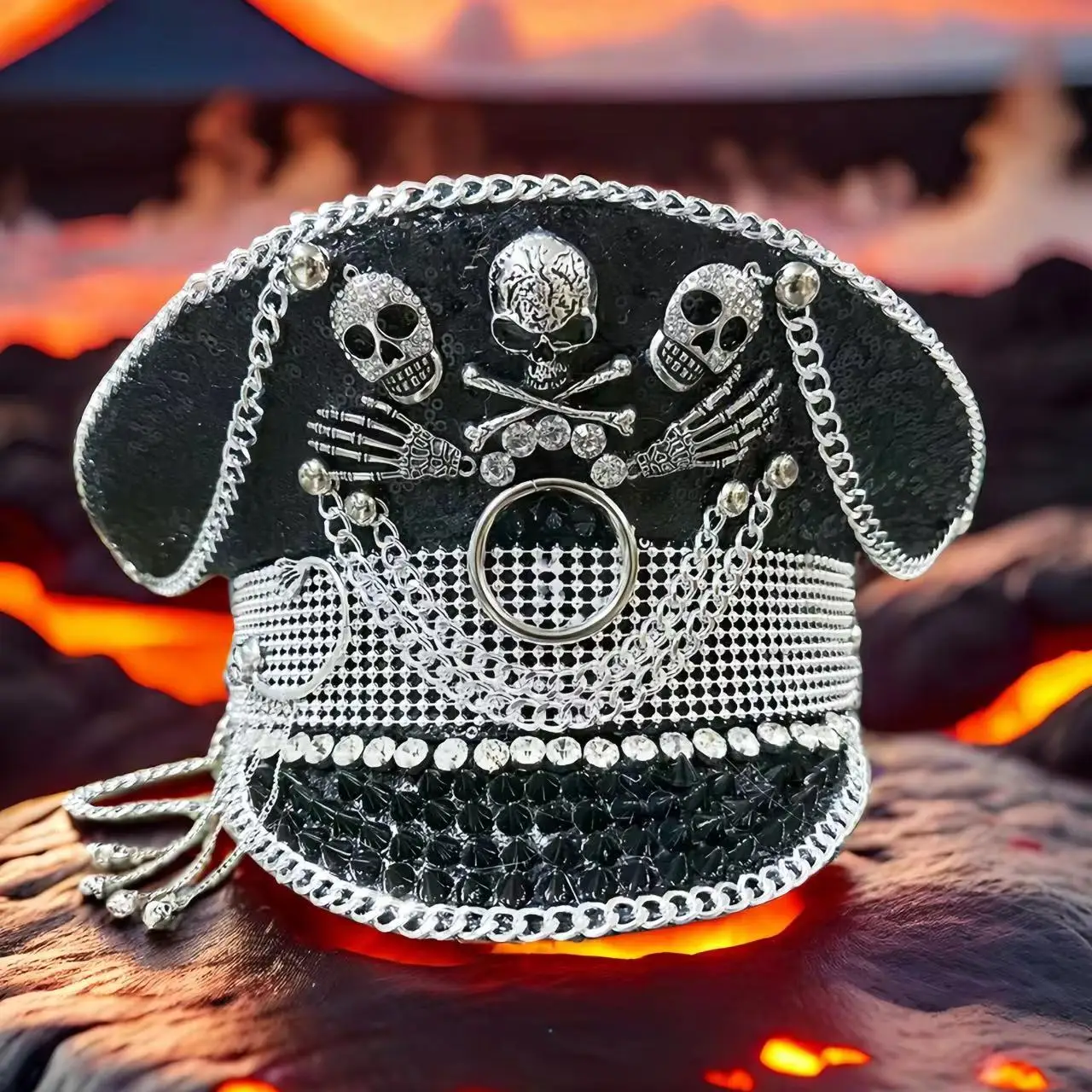 Skull Chain Festival Captain Hat Slver Black Handmade Polyester Military Cap Masquerade Unisex Adult Halloween Headwear Cosplay