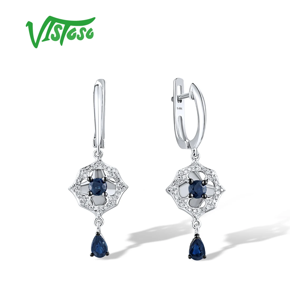 VISTOSO Pure 14K 585 White Gold Long Earrings For Women Sparkling Diamonds Blue Sapphire Delicate Wedding Party Fine Jewelry