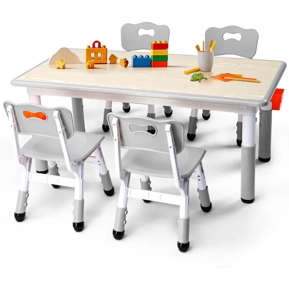 Kids Table and 4 Chairs Set,Height-Adjustable, Toddler Table and Chair Set, 2 Pen Boxes, Graffiti Tabletop, Anti-Slip Chair Legs