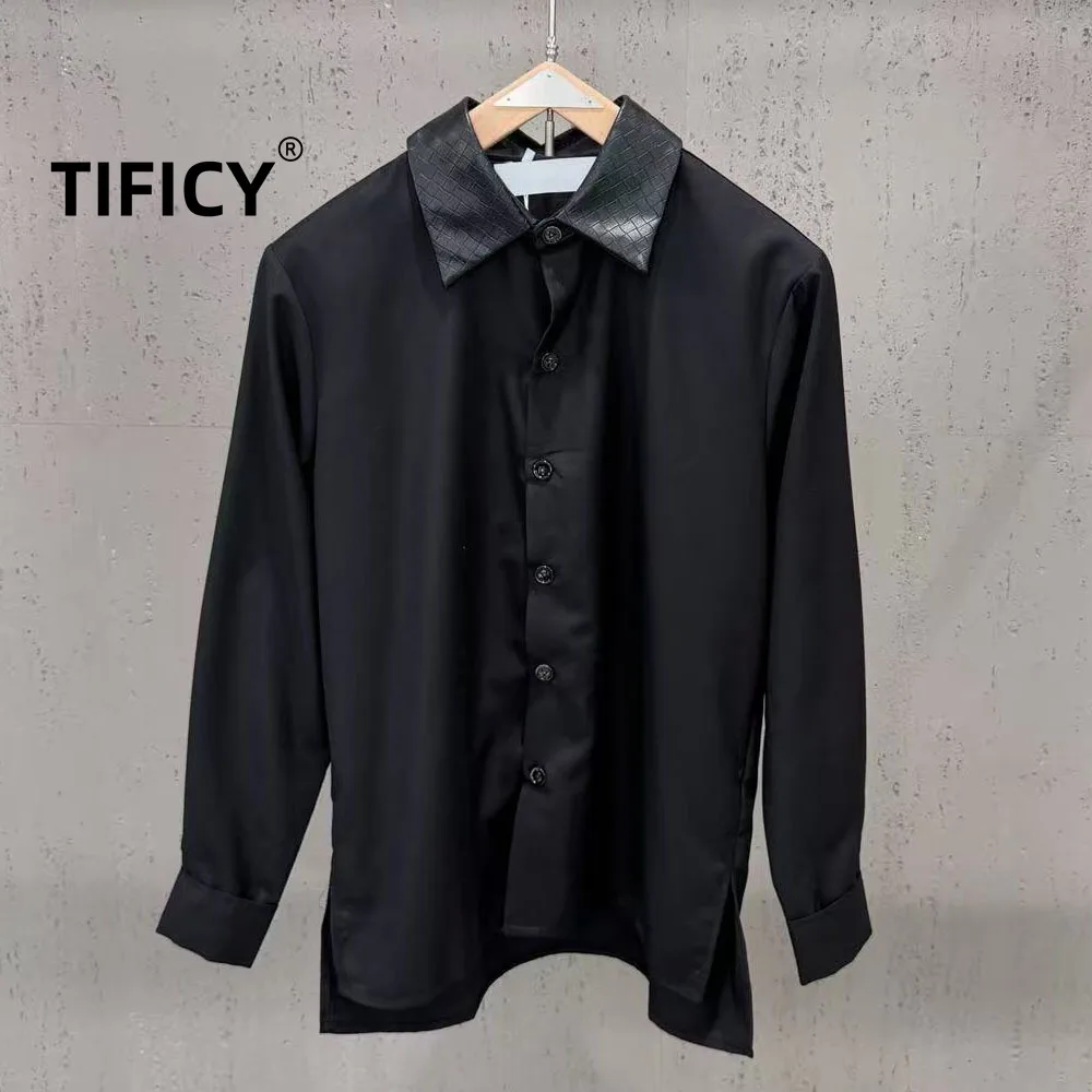 High Street Shirts Women's Autumn and Winter Black PU Leather Collar Versatile Temperament Casual Long Sleeved Shirt Top