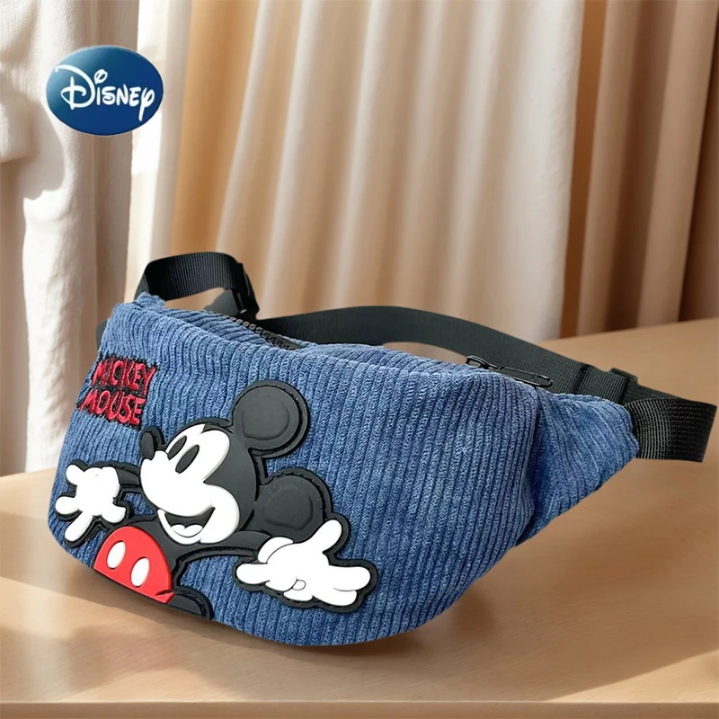 

Вельветовая нагрудная сумка с 3D вышивкой Микки Мауса, детская сумка через плечо, модная синяя поясная сумка