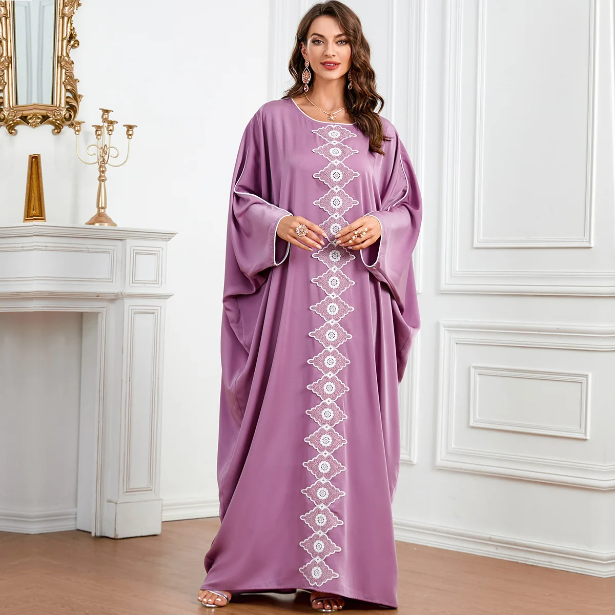 

Abaya For Women Dubai Arab Muslim Solid Color Combination Large Bat Sleeves Women's Dress O-neck Ramadan Gurban Long Abaya