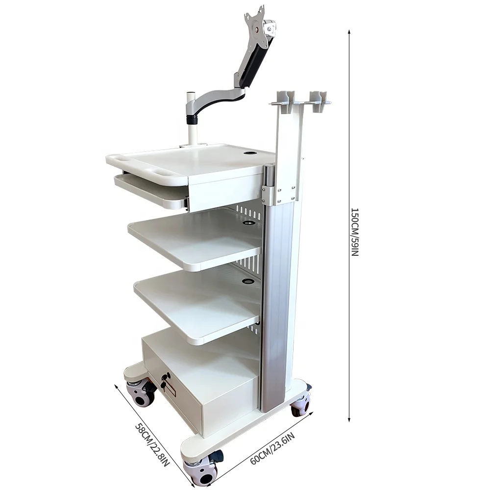 

Adjustable Height ABS Plastic Hospital Workstation Cart Mount 4-layers Storage Platform Medical Endoscope Trolley