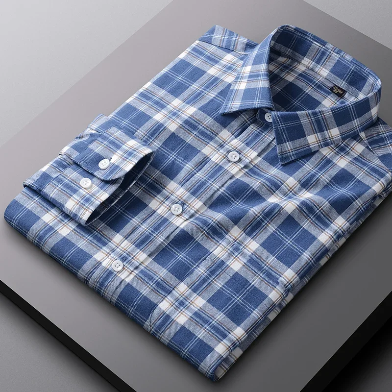 New in shirt 100%cotton sanding long-sleeve shirts for men houndstooth Smart Casual single pocket soft top hight qulity clothes