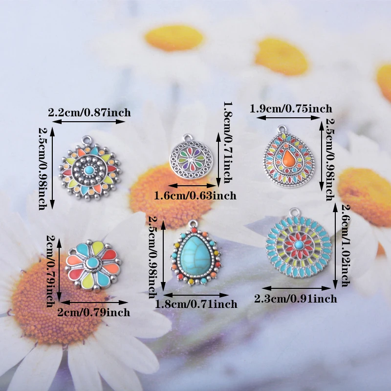 12 Stück/Set Antike Silberfarbene Sonnenblumen-Emaille Kleine Damen-Anhänger Legierung Ohranhänger DIY Bohemian-Stil Schmuck Ohrring-Komponenten – Detail 4