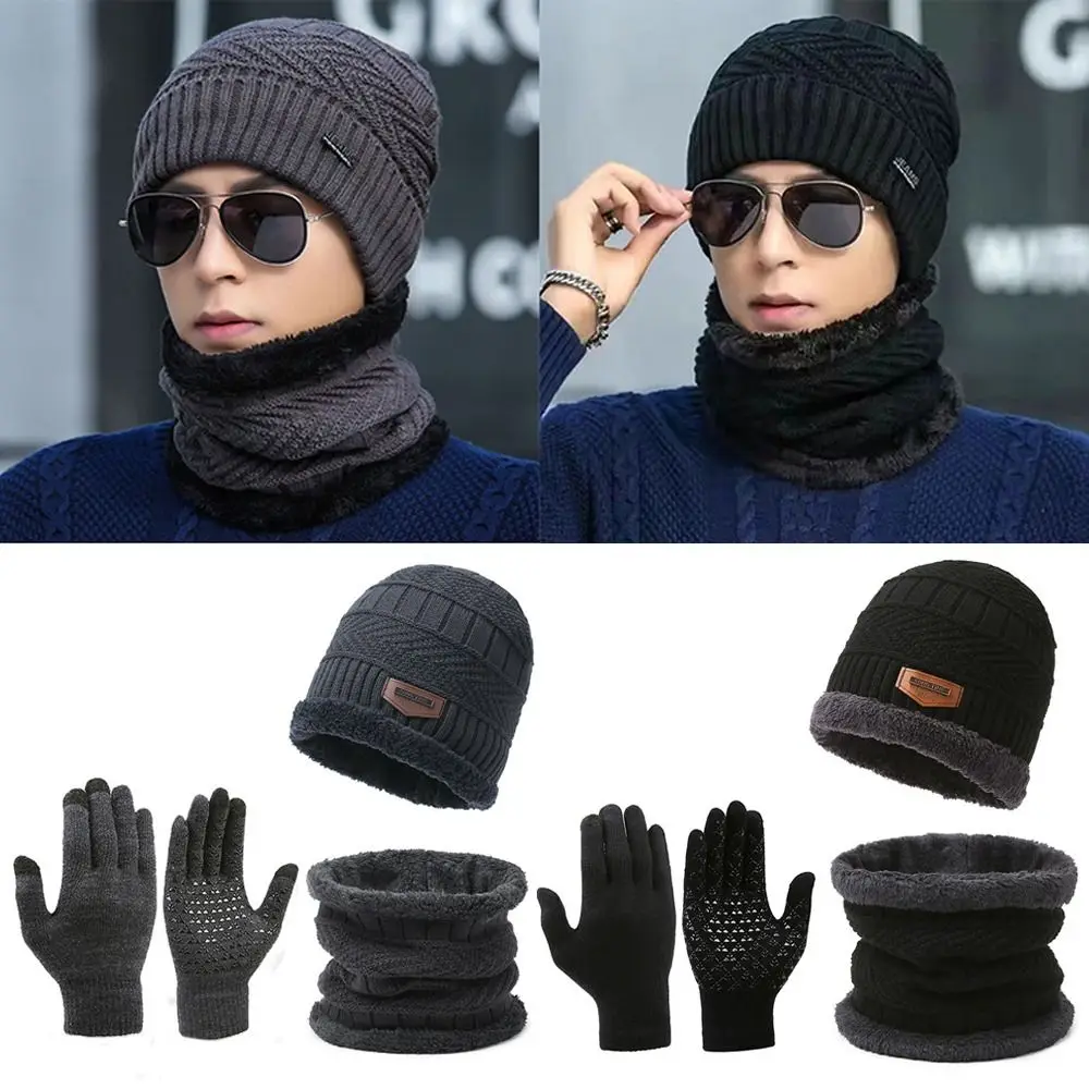 Keep Warm Knitted Hat Scarf Gloves Set Thickened Windproof Ear Protection Beanie Touch Screen Gloves Outdoor