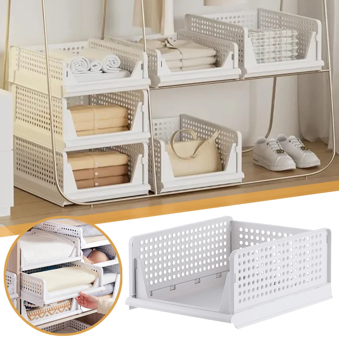 

1PC Stackable Plastic Storage Basket Collapsible Clothes Storage Box Living Room Bathroom Kitchen Office Shelf Container 6 Size